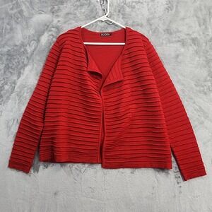 DUODU Sweater Cardigan Womens L Red Merino Wool Open Front Textured Stripe Knit